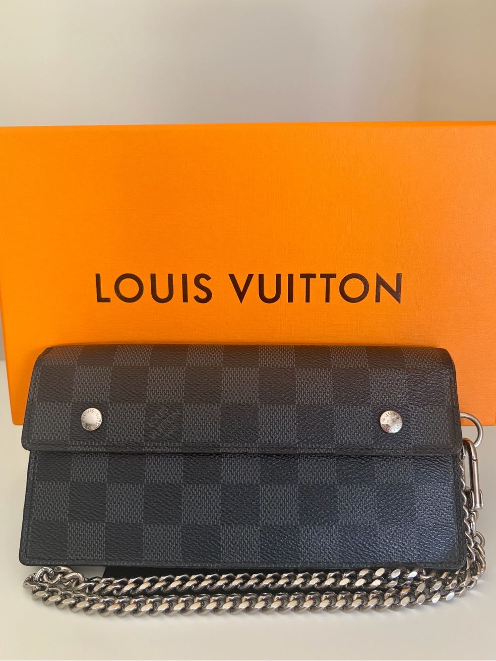 LOUIS VUITTON Damier Graphite long wallet with chain (WOC)-Authentic